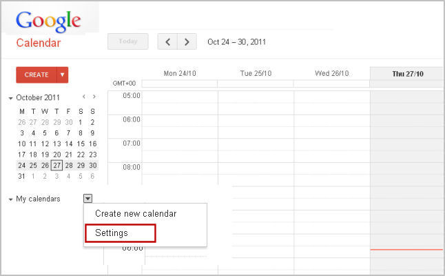 Aceder às definições dos calendários do Google