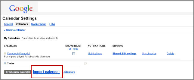 Importação de calendários Google