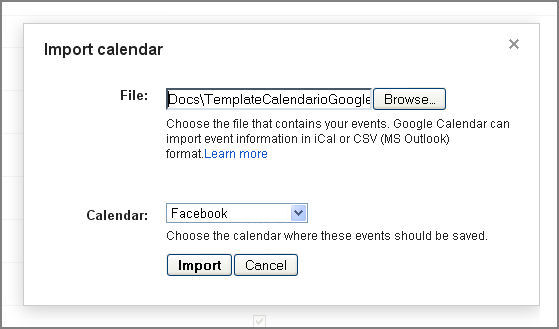 Seleccionar ficheiro de importação de calendário Google