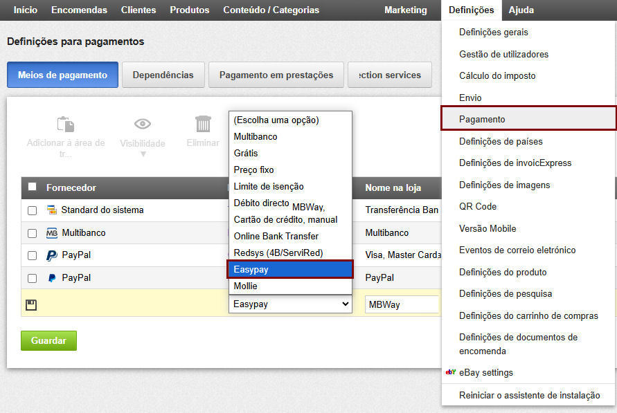 Activar EasyPay DefInições Pagamentos