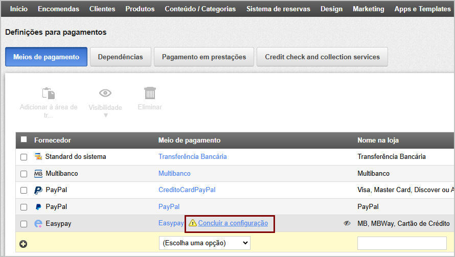 EasyPay Definições Pagamentos 