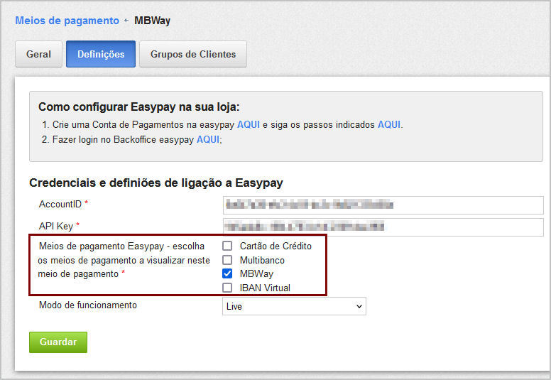 Definições EasyPay Tipo de Pagamentos