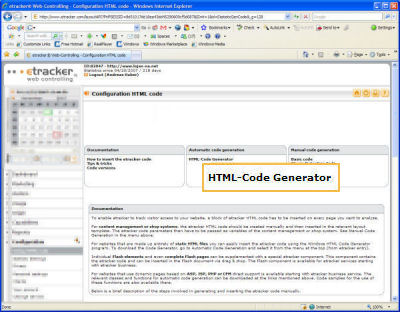 Captura ecrão etracker - HTML Code Generator