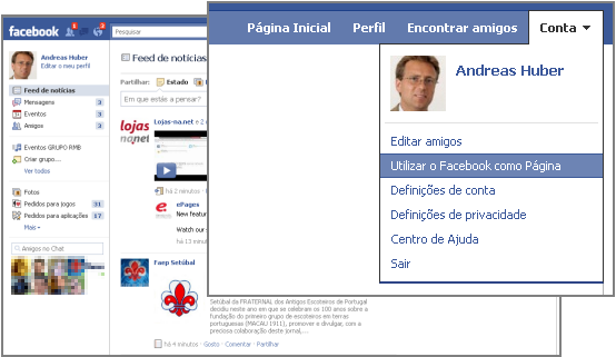 Escolha do menu Conta a opção Utilizar Facebook como Página