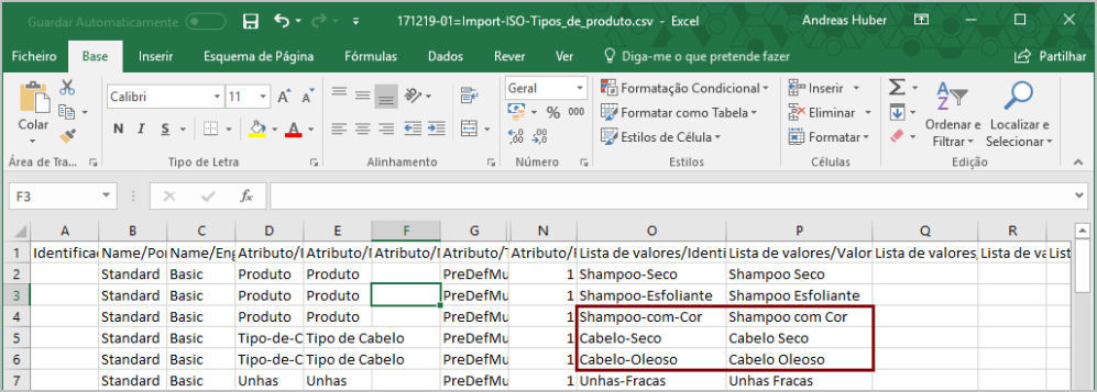 Edição de valores de filtros de produtos no Excel lojas epages